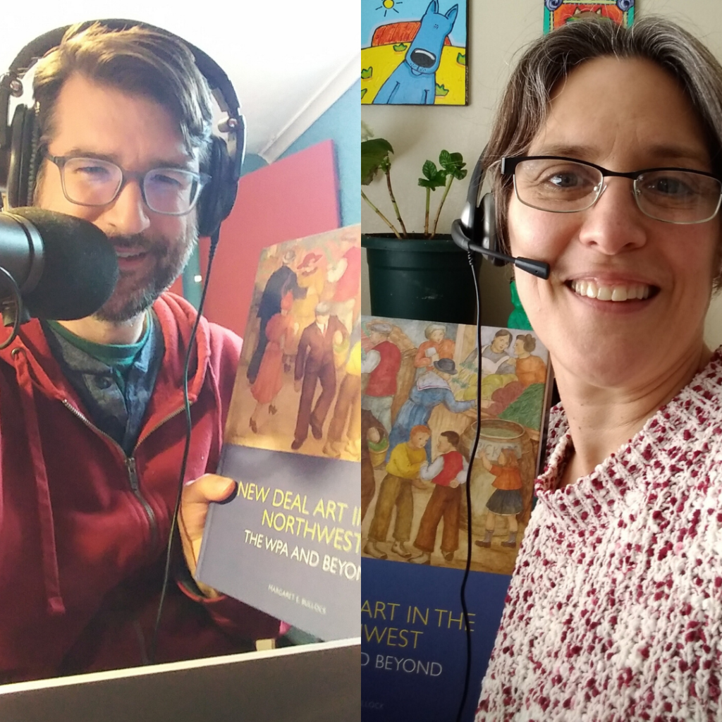 A composite image of Douglas Detrick (left) and Margaret Bullock as they spoke, holding copies of "New Deal Art in the Northwest: The WPA and Beyond."